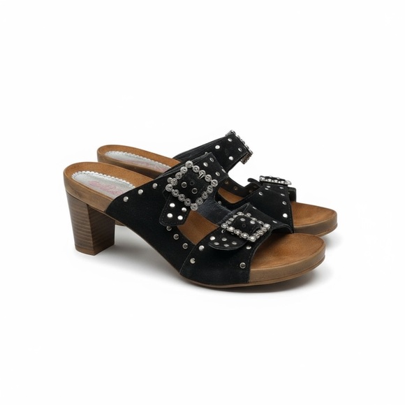 Romus Shoes - Romus ⌘ Suede Crystal Buckle Footbed Heeled Mules ⌘ Made in Spain ⌘ Black ⌘ 37